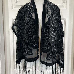 Velvet Burnout Peacock Feather Floral Black  Wrap Scarf Shawl 19" X 58"